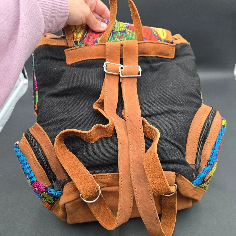 Guatemalan Huipil Hand Woven Bird Tapestry Floral Boho Bag Backpack Leather